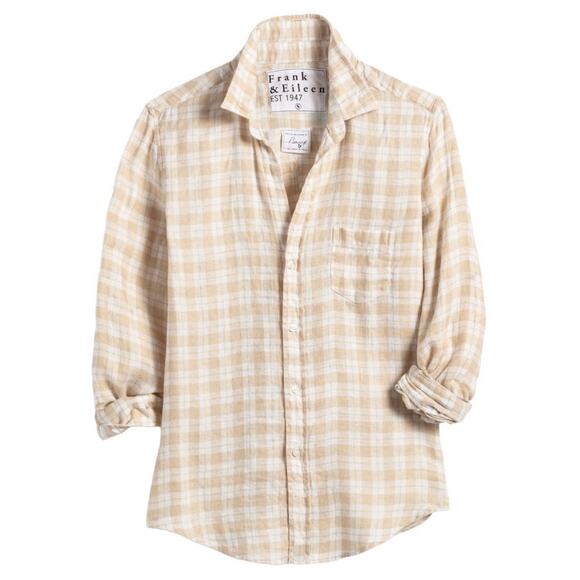 Frank & Eileen Barry Woven Linen Button Up Sand Plaid XS Tan Shirt Button Down - Picture 2 of 8